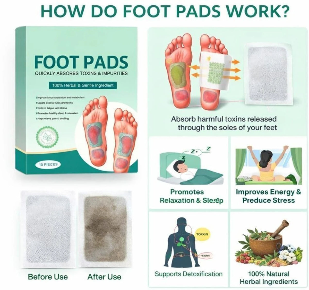 Foot patch Herbal And Gentle Ingredient Detox Foot Pads (10 pieces) Natural Ingredients for Sleep Aid Pain Relief Toxin Removal