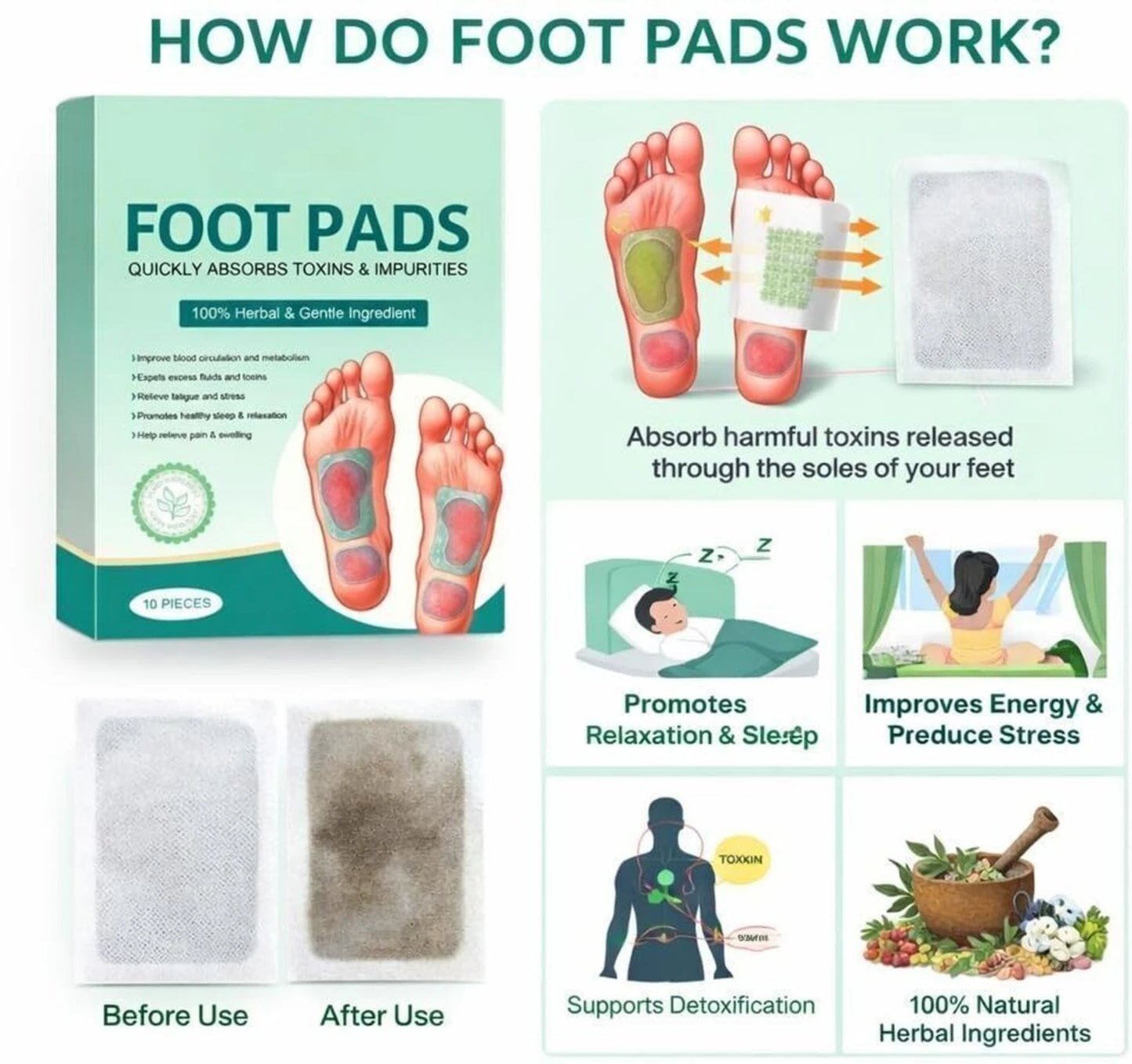 Foot patch Herbal And Gentle Ingredient Detox Foot Pads (10 pieces) Natural Ingredients for Sleep Aid Pain Relief Toxin Removal