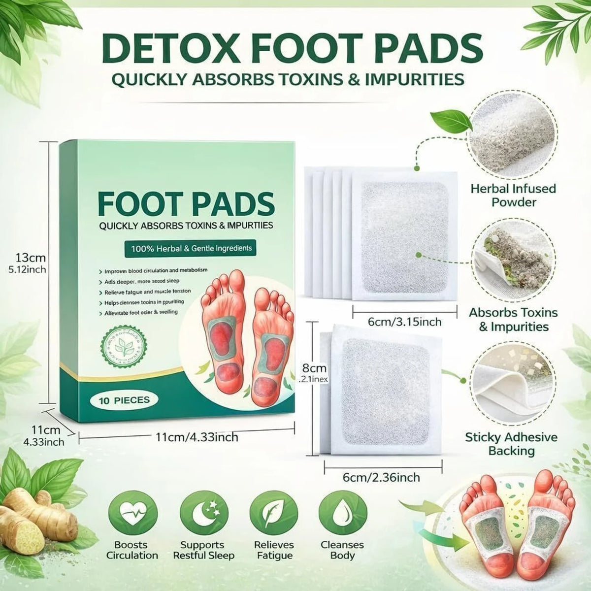 Foot patch Herbal And Gentle Ingredient Detox Foot Pads (10 pieces) Natural Ingredients for Sleep Aid Pain Relief Toxin Removal